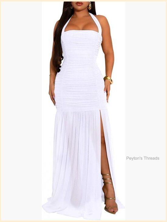 Dresses & Skirts - High Slit Halter Tie Ruched Mesh Maxi Dress Cocktail Wedding Guest